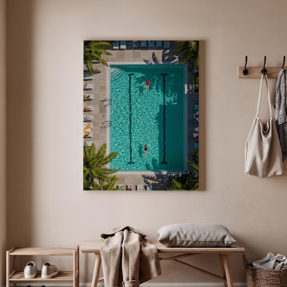 Aerial Resort Pool Swimmers Turquoise Water Palm Trees Print