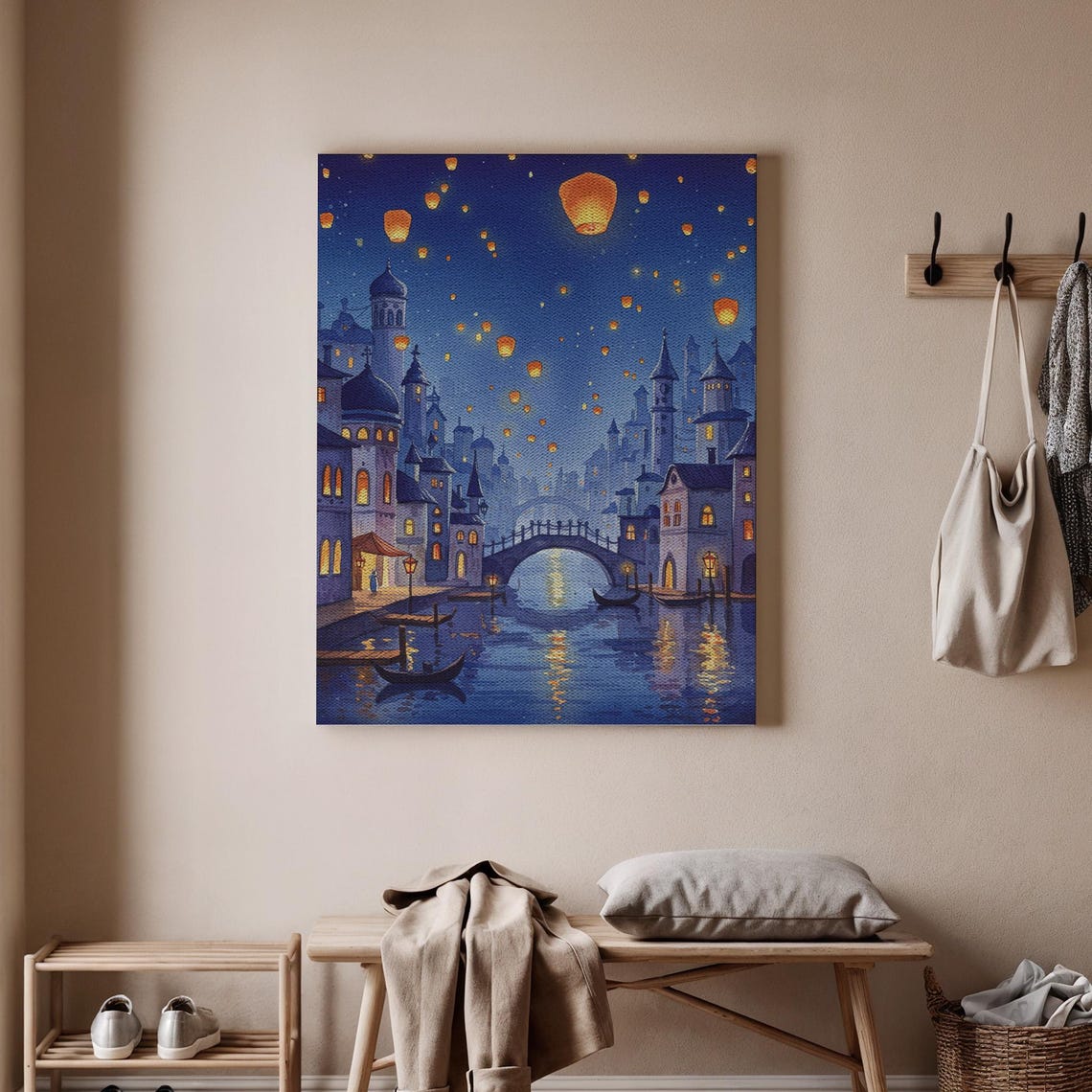 Magical Cityscape Art Print Lanterns Over Water Poster Venice Night View Canvas Starry Sky Wall Dreamy Bridge Decor
