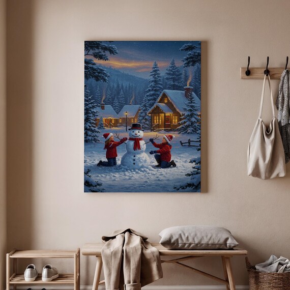 Christmas Snowman Kids Building Winter Cabin Village Art Poster