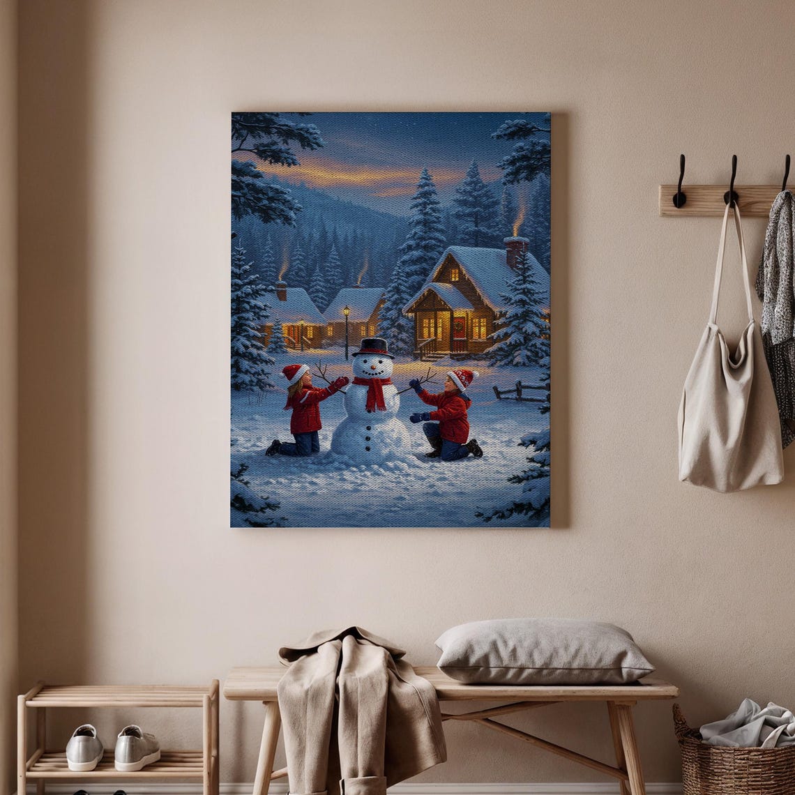 Christmas Snowman Kids Building Winter Cabin Village Art Poster