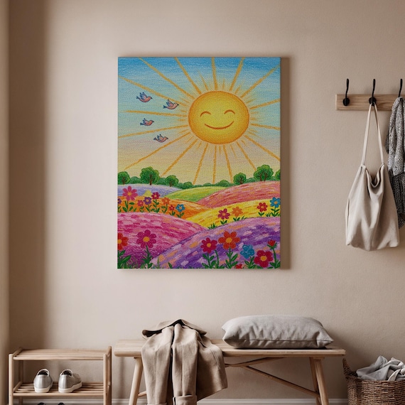 Smiling Sun Over Colorful Flower Hills Happy Folk Art Cheerful Scene Poster