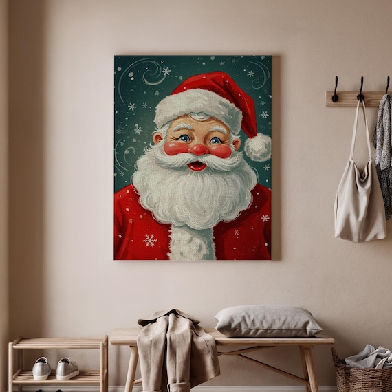Retro Santa Claus Jolly Face Teal Snowflake Vintage Christmas Poster