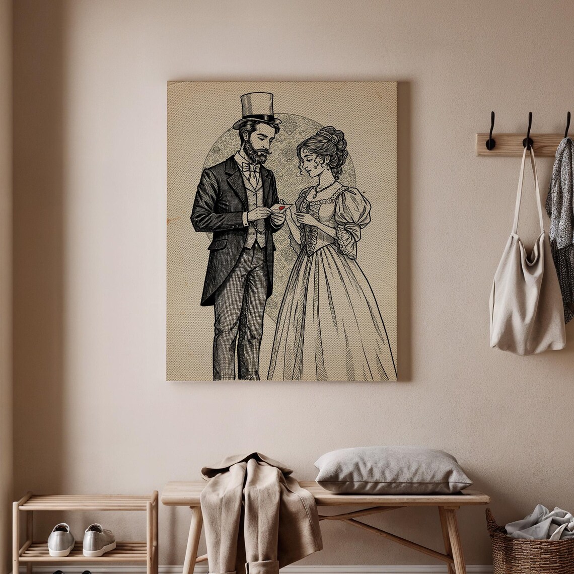 Victorian Couple in Love Exchanging Heart Line Drawing Art Poster