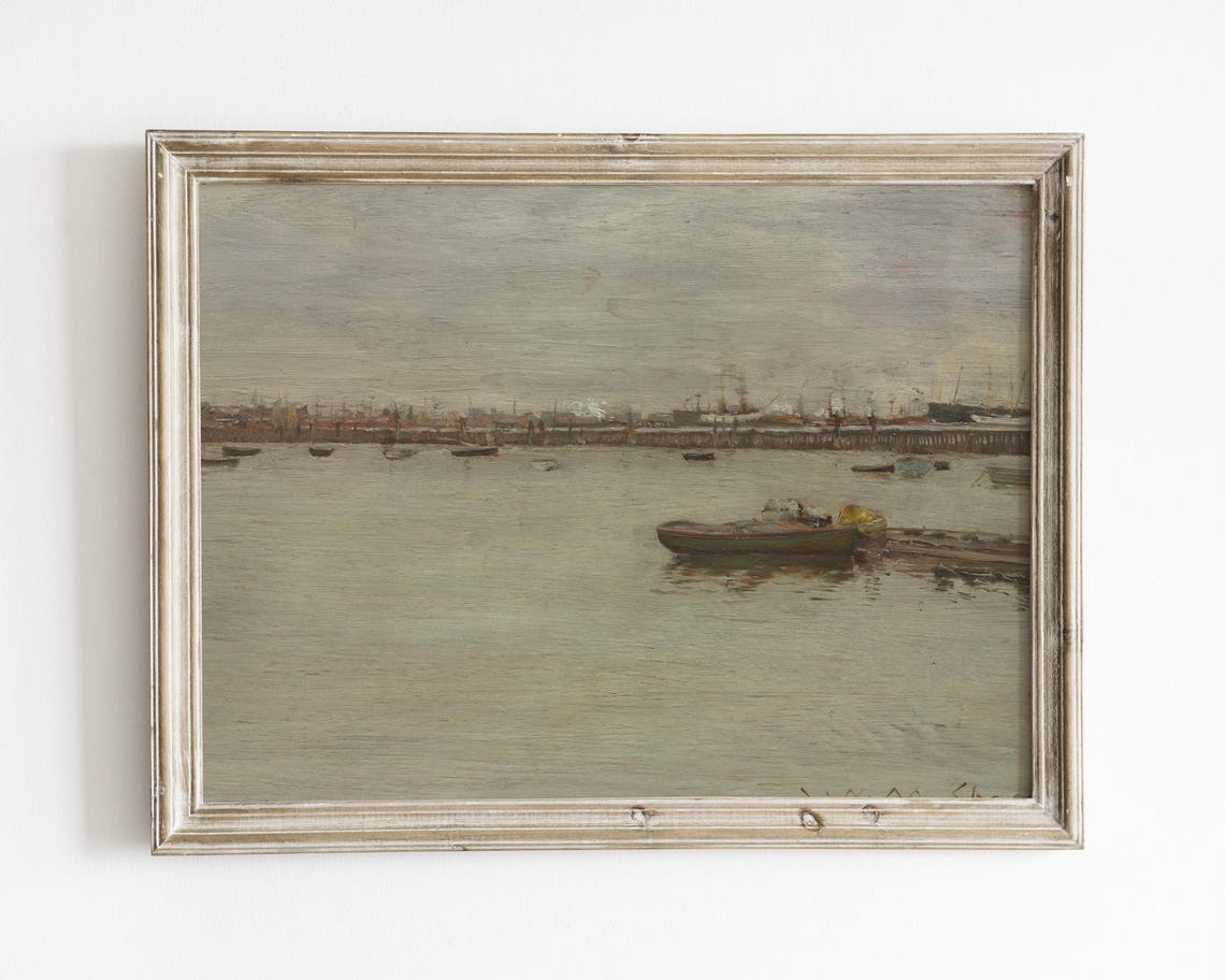 Moody Vintage Soft Neutral Tone Art Seascape Art Coastal Painting Vintage Landscape Wall Art Ocean Painting Antique Art Art