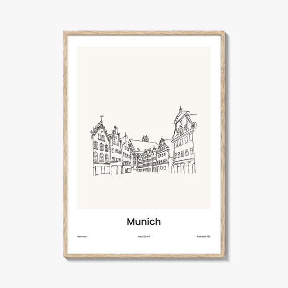Munich Germany Old Town Facades One Line Minimalist Drawing Poster