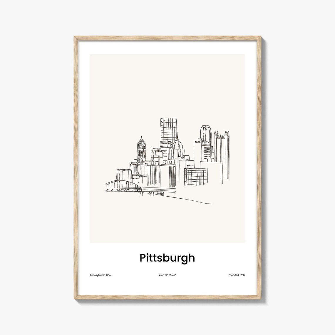 Pittsburgh Pennsylvania USA River Bridges Skyline One Line Drawing Poster