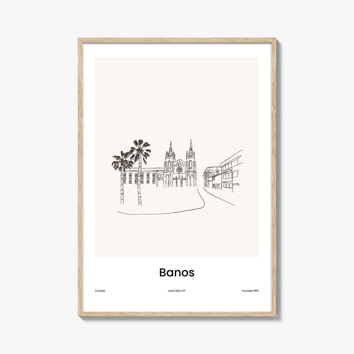 Banos Ecuador Church Palm Trees Minimalist Line Drawing Poster