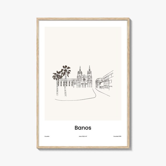 Banos Ecuador Church Palm Trees Minimalist Line Drawing Poster