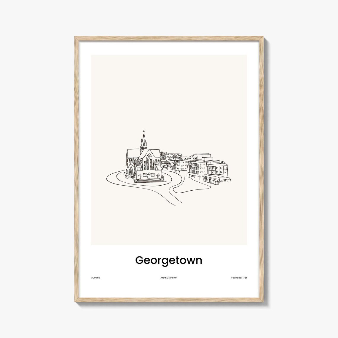 Georgetown Guyana Colonial Church Street One Line Drawing Poster