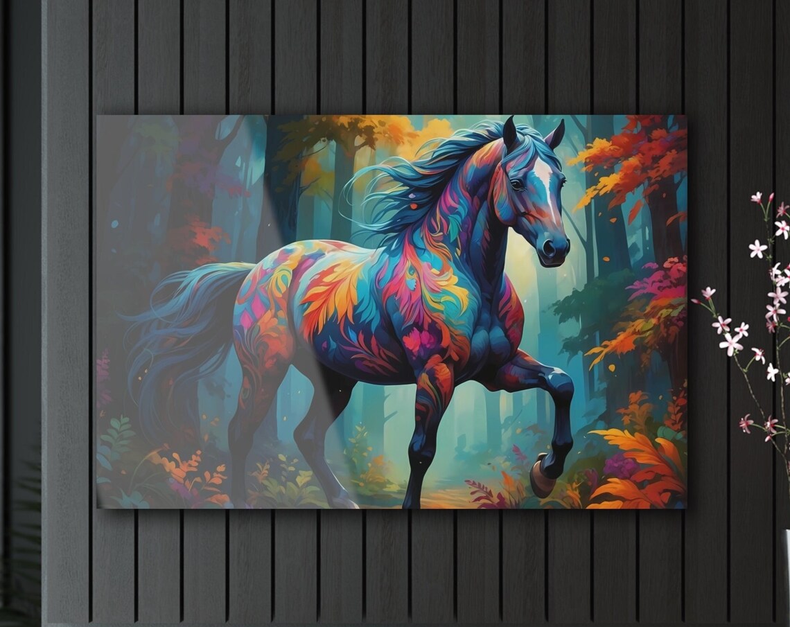 Galloping Rainbow Horse Forest Vibrant Fantasy Equine Art Poster