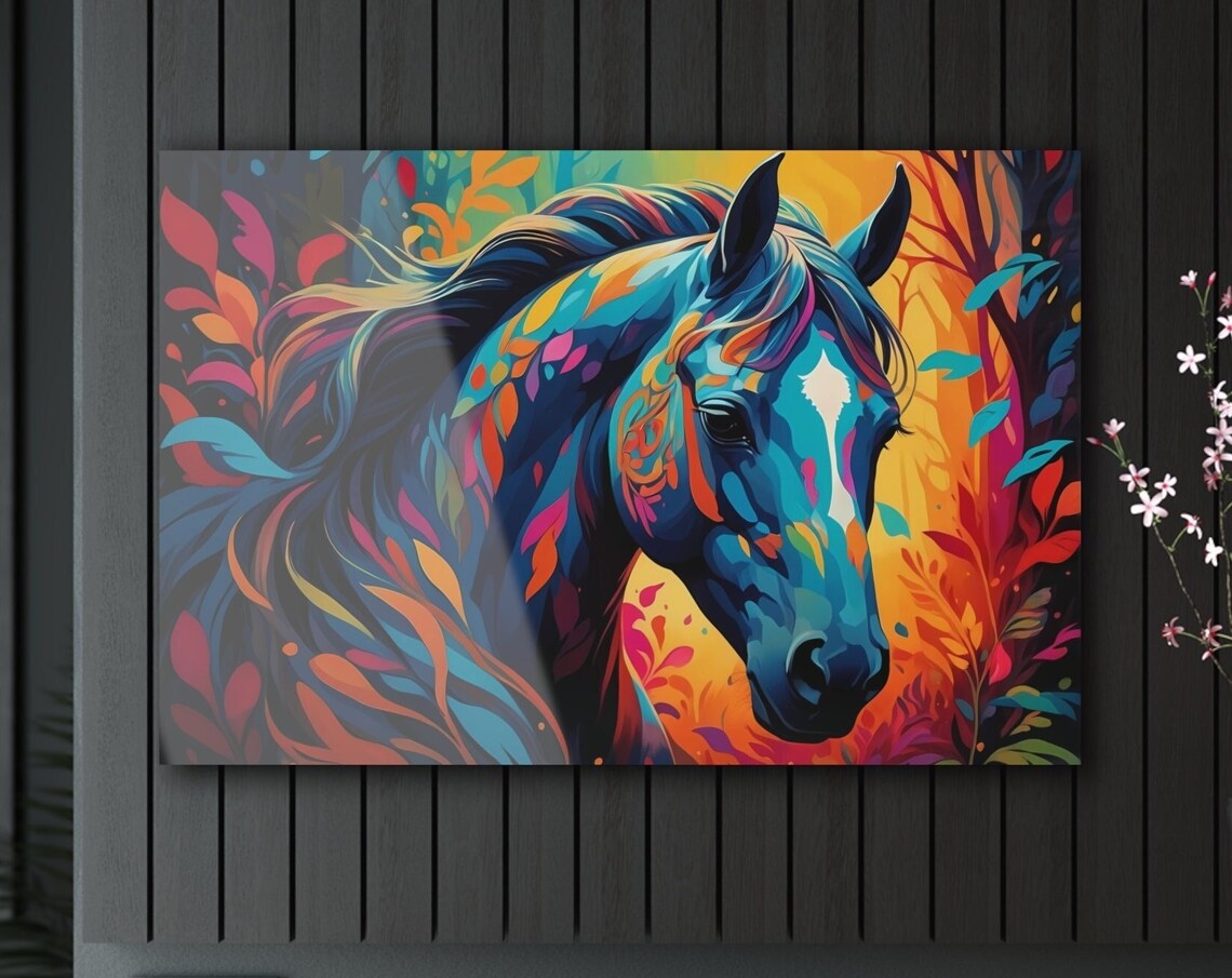 Colorful Abstract Horse Head Blue Orange Mane Equine Art Poster