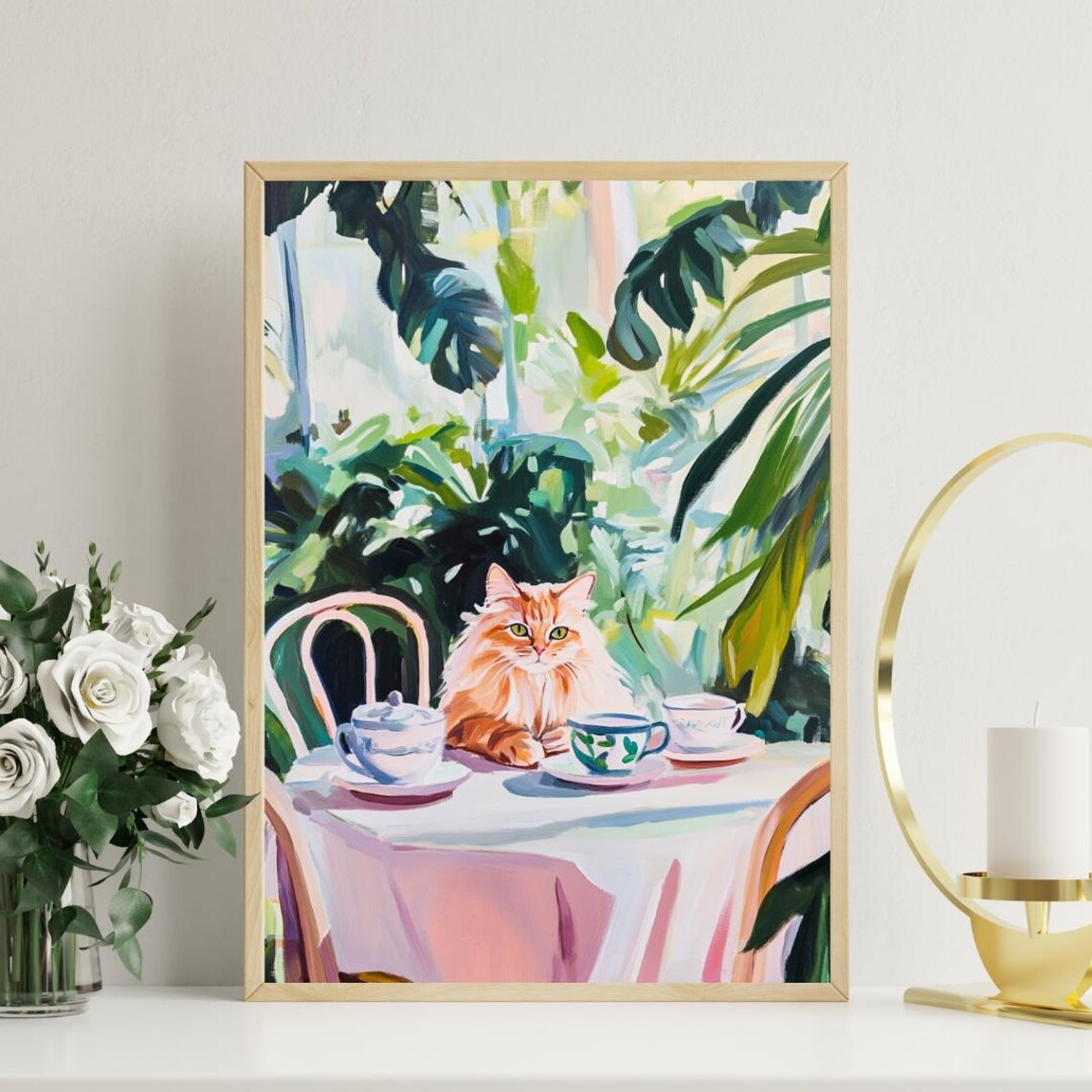 Persian Cat Tea Party Fluffy Orange Oil Painting Colorful Poster - Image 3