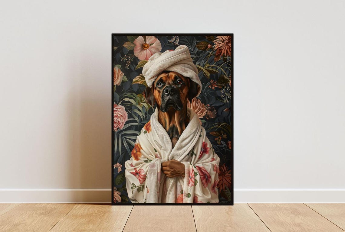 Cute Rottweiler Dog in Bathrobe Fun Bathroom Spa Day Art Poster