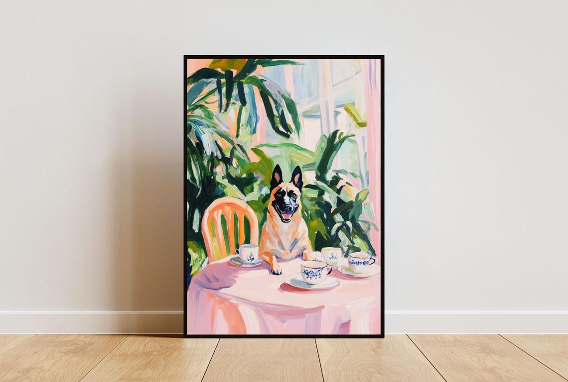 Belgian Malinois Dog Garden Tea Party Pastel Painting Style Poster
