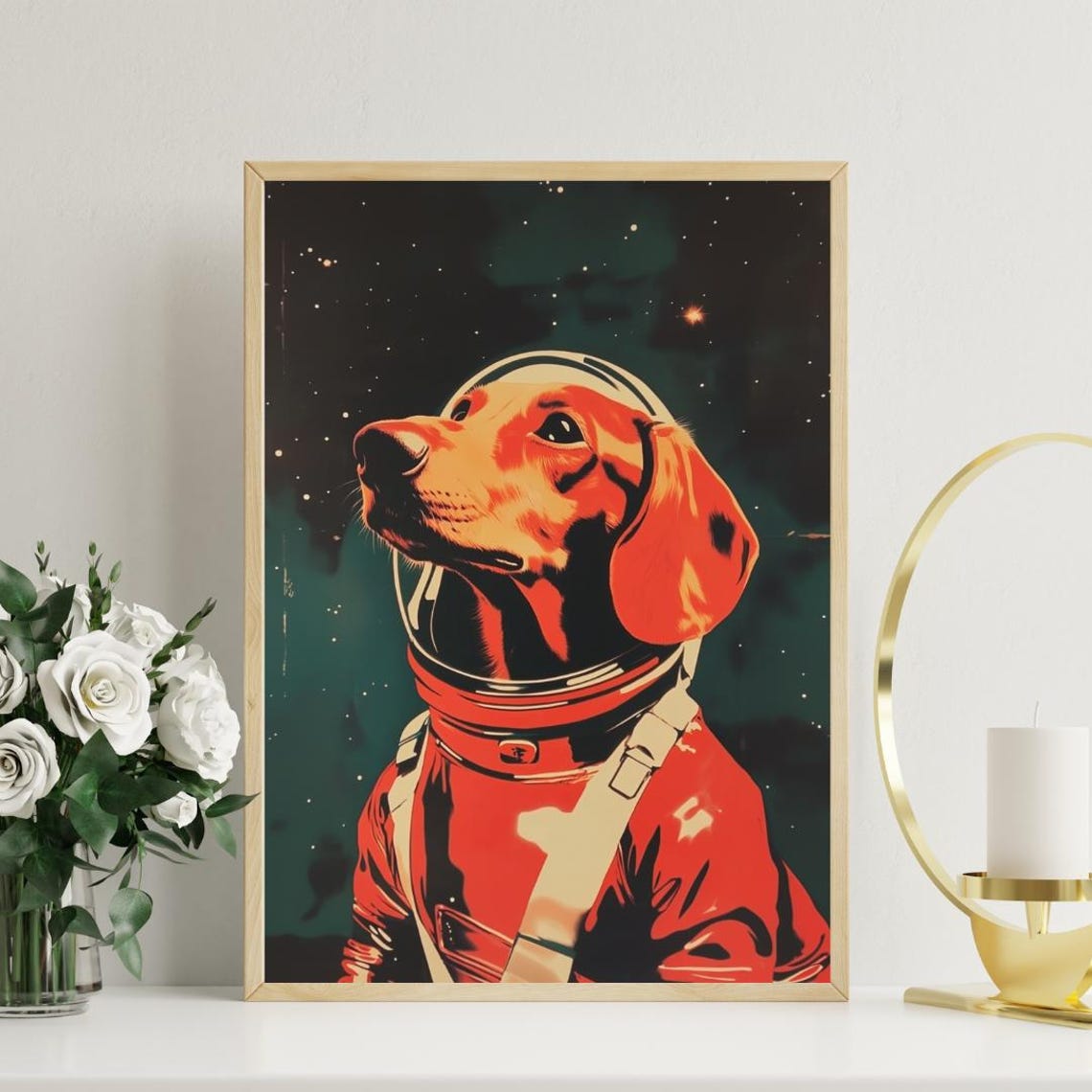 Dachshund Astronaut Red Starry Spacesuit Retro Pop Space Dog Poster - Image 3