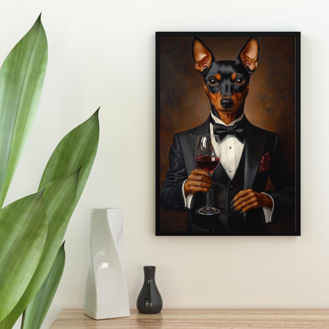 Miniature Pinscher In Tuxedo Holding Red Wine Glass Dog Portrait Poster - Image 2