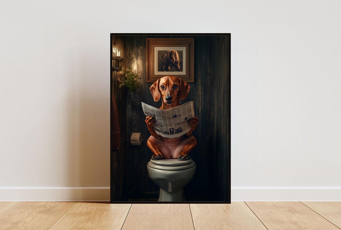 Dachshund On Toilet Poster Dog Poster Dachshund Bathroom Print Toilet Wall Art Dachshund Portrait Dog Bathroom Poster Dachshund Toilet