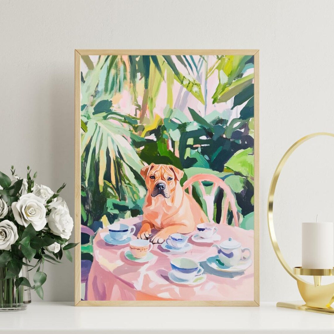 Shar Pei Puppy Tea Party Wrinkly Cute Dog Oil Painting Pet Poster - Image 3