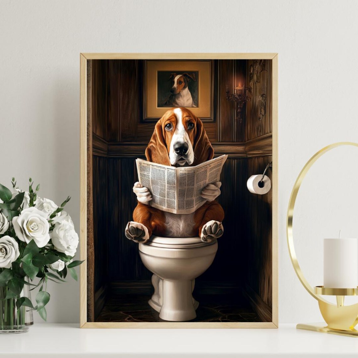 Basset Hound on Toilet Bathroom Art Print - Image 3