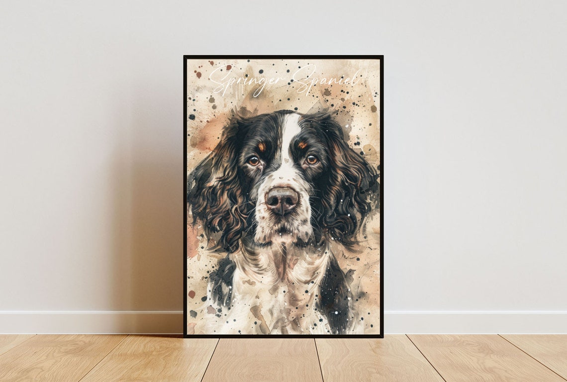 Springer Spaniel Watercolor Portrait Black White Dog Art Poster