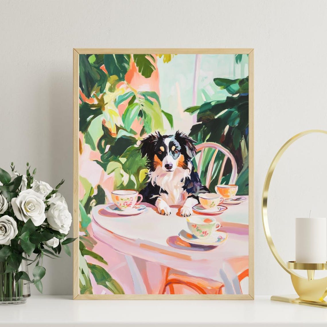 Australian Shepherd Dog Garden Tea Party Pastel Painting Poster - Image 3