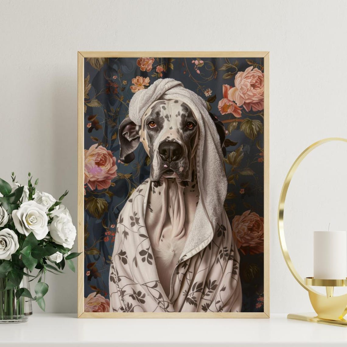 Spotted Great Dane Dog in Bathrobe Fun Bathroom Spa Day Art Poster - Image 3