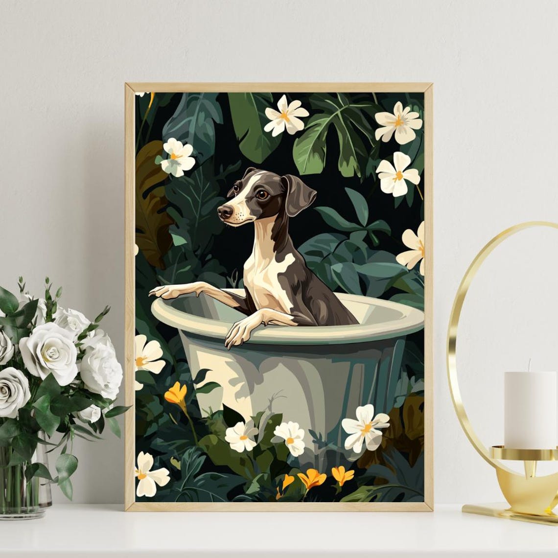 Whippet Lounging In Bathtub Surrounded By White Flowers Dog Poster - Image 3
