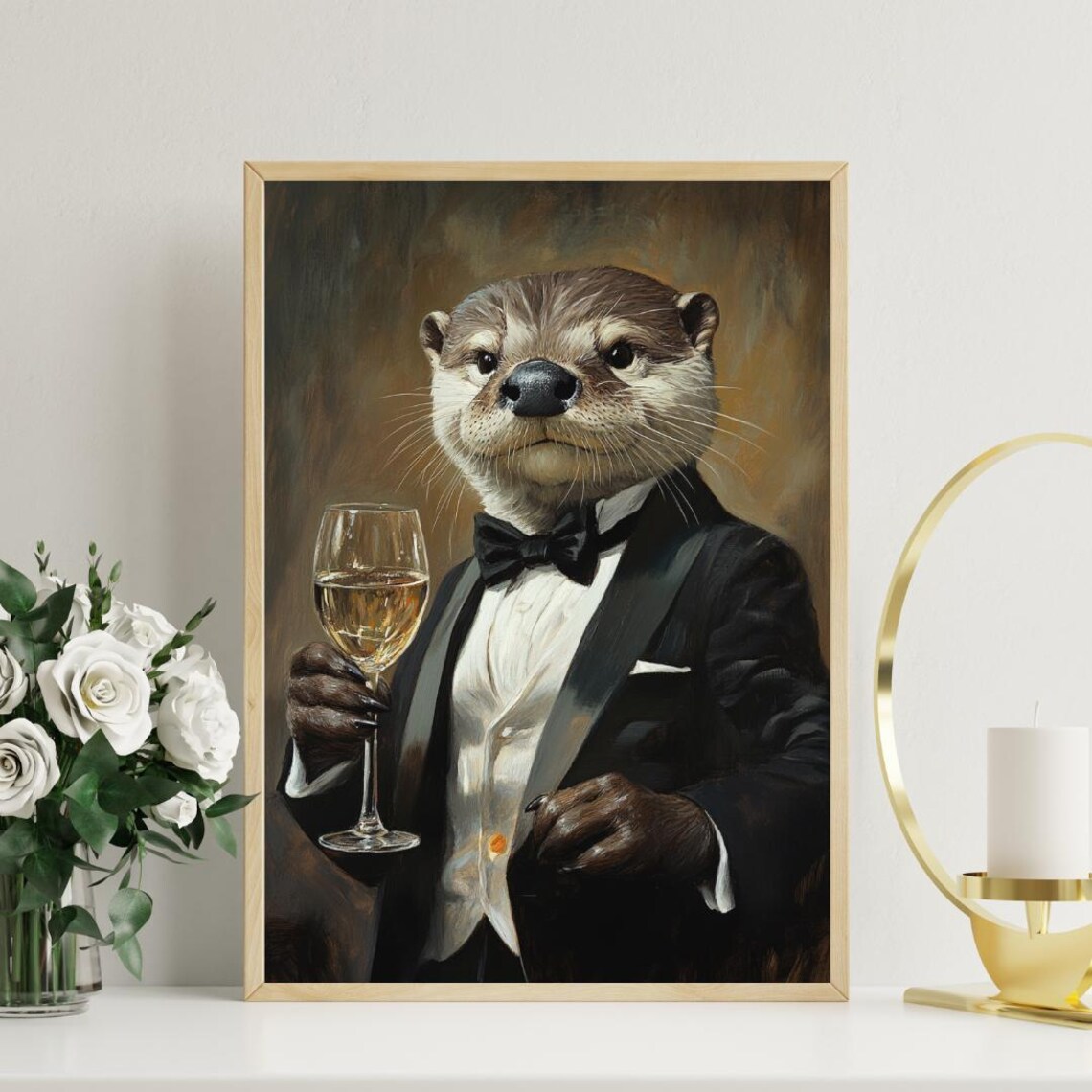 Dapper Otter In Tuxedo Holding Wine Glass Oil Painting Poster - Image 3
