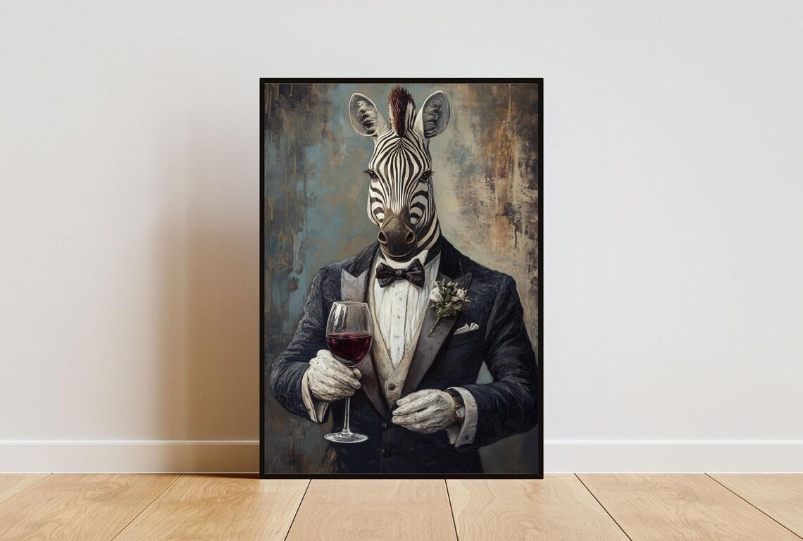 Zebra in Tuxedo Holding Wine Glass Vintage Oil Painting Animal Poster