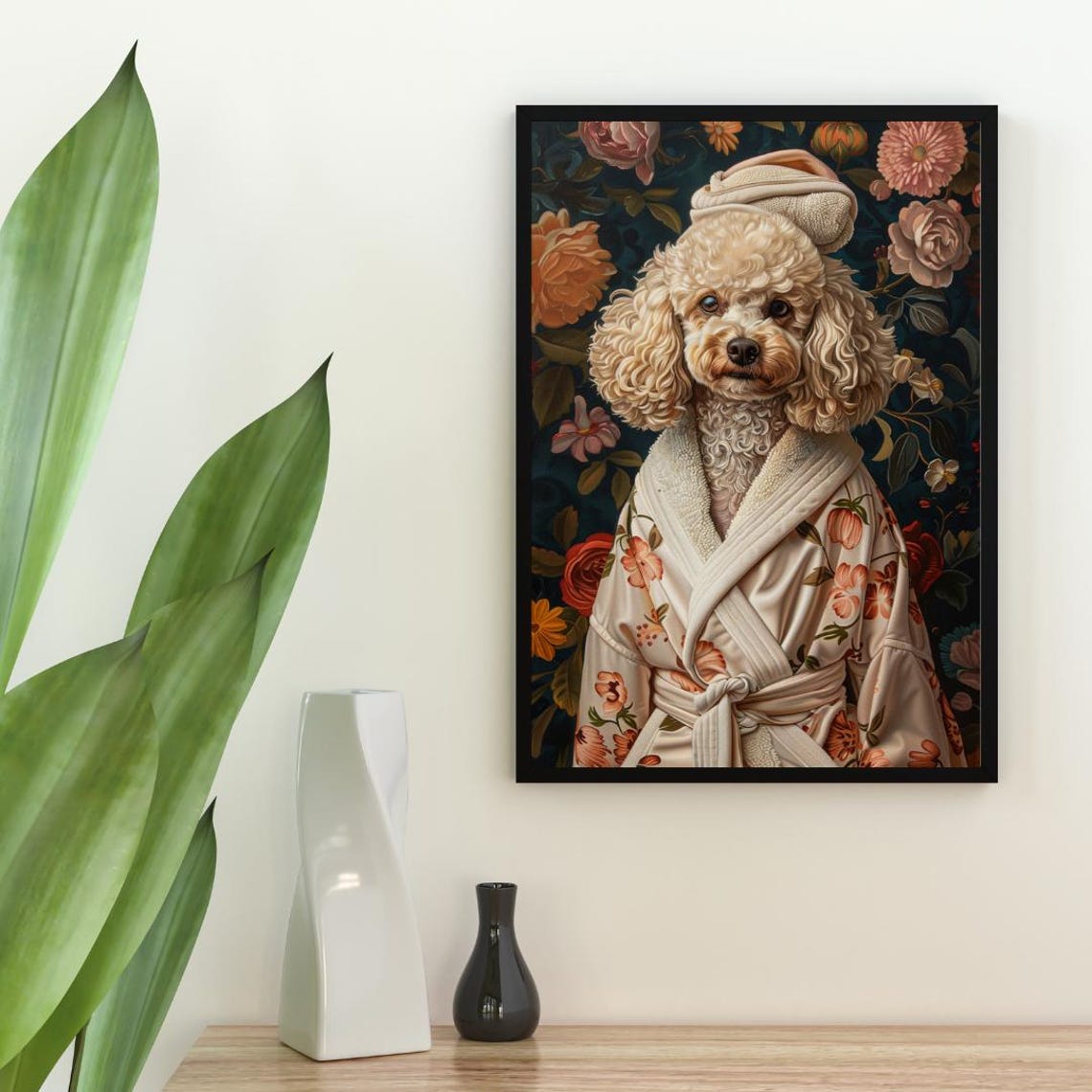 Cute Curly Poodle Dog in Bathrobe Fun Bathroom Spa Day Art Poster - Image 2