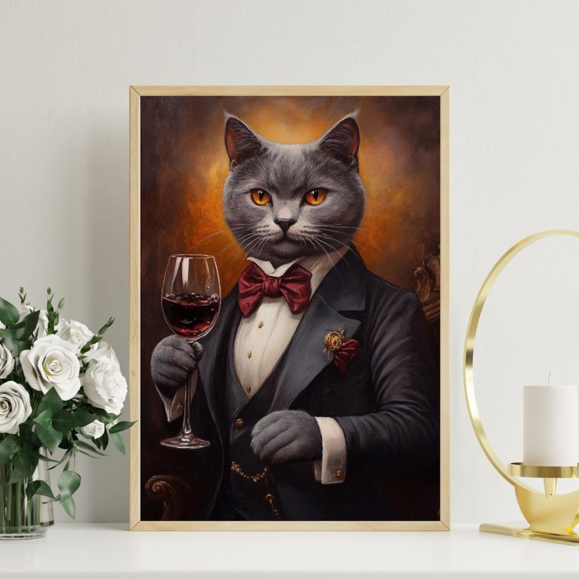 British Shorthair Cat In Tuxedo With Red Wine Red Bow Tie Portrait Poster - Image 3