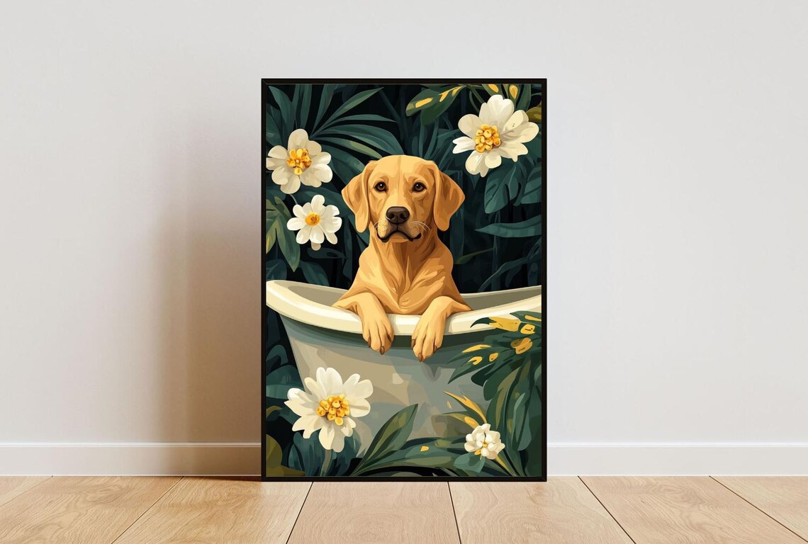 Labrador Retriever Dog In Bathtub With White Tropical Flowers Poster