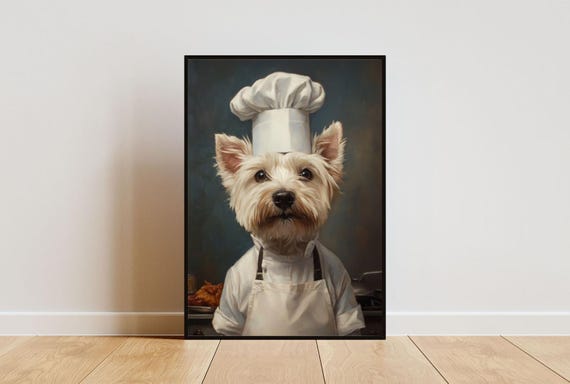 West Highland White Terrier In Chefs Hat Poster Pet Poster Westie In Apron Print Funny Dog Wall Art Westie Portrait Dog Kitchen Poster