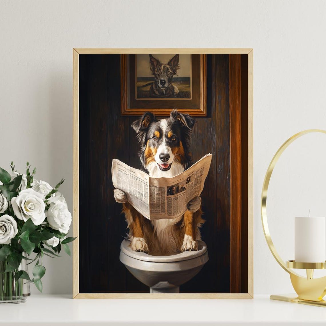 Australian Shepherd On Toilet Reading Funny Bathroom Dog Poster - Image 3