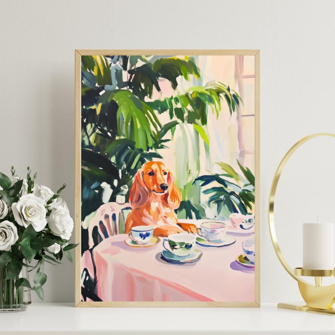 Longhaired Dachshund Dog Tea Party Red Puppy Cute Pet Poster - Image 3