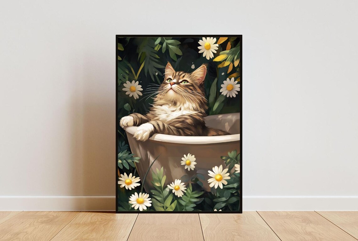 Funny Siberian Cat in Bathtub, Bathroom Wall Art