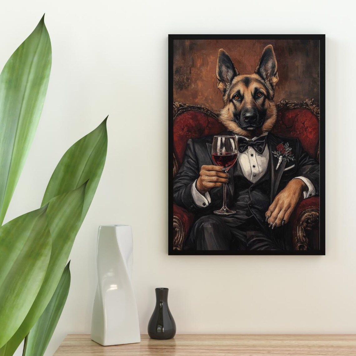 German Shepherd in a Tuxedo Seated in a Red Armchair with Wine Poster - Image 2