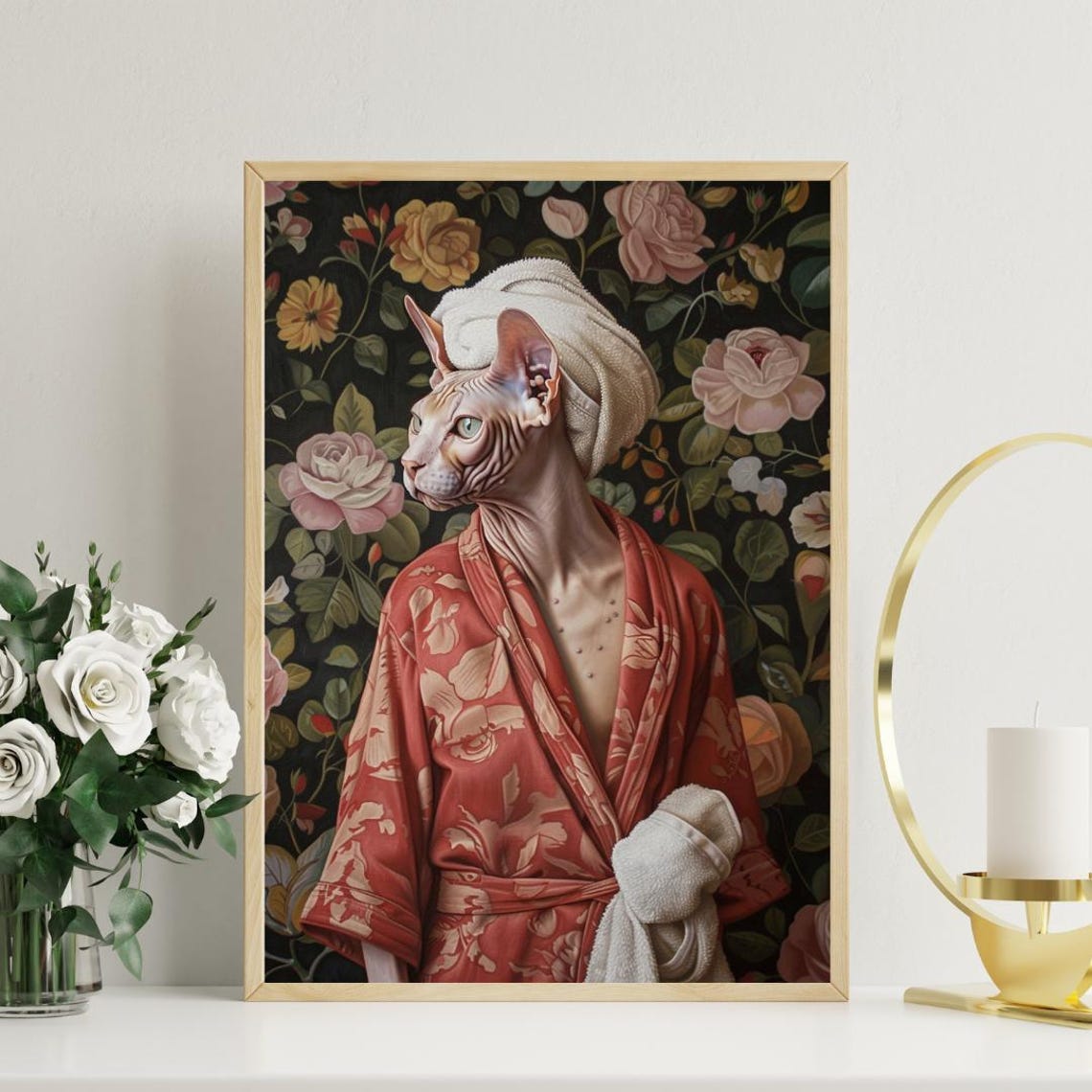 Sphynx In Red Bathrobe Spa Day Portrait Funny Hairless Cat Poster - Image 3