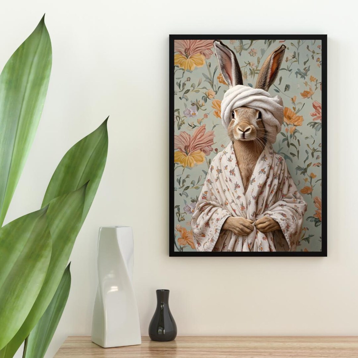 Hare In Floral Bathrobe With Towel Turban Funny Animal Poster - Image 2