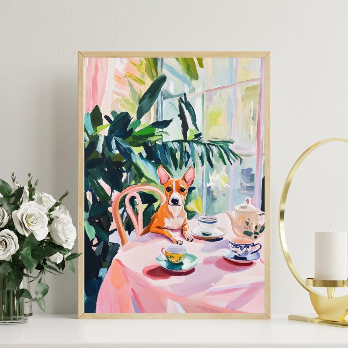 Basenji Dog Tea Party Tan Puppy Colorful Oil Painting Pet Poster - Image 3