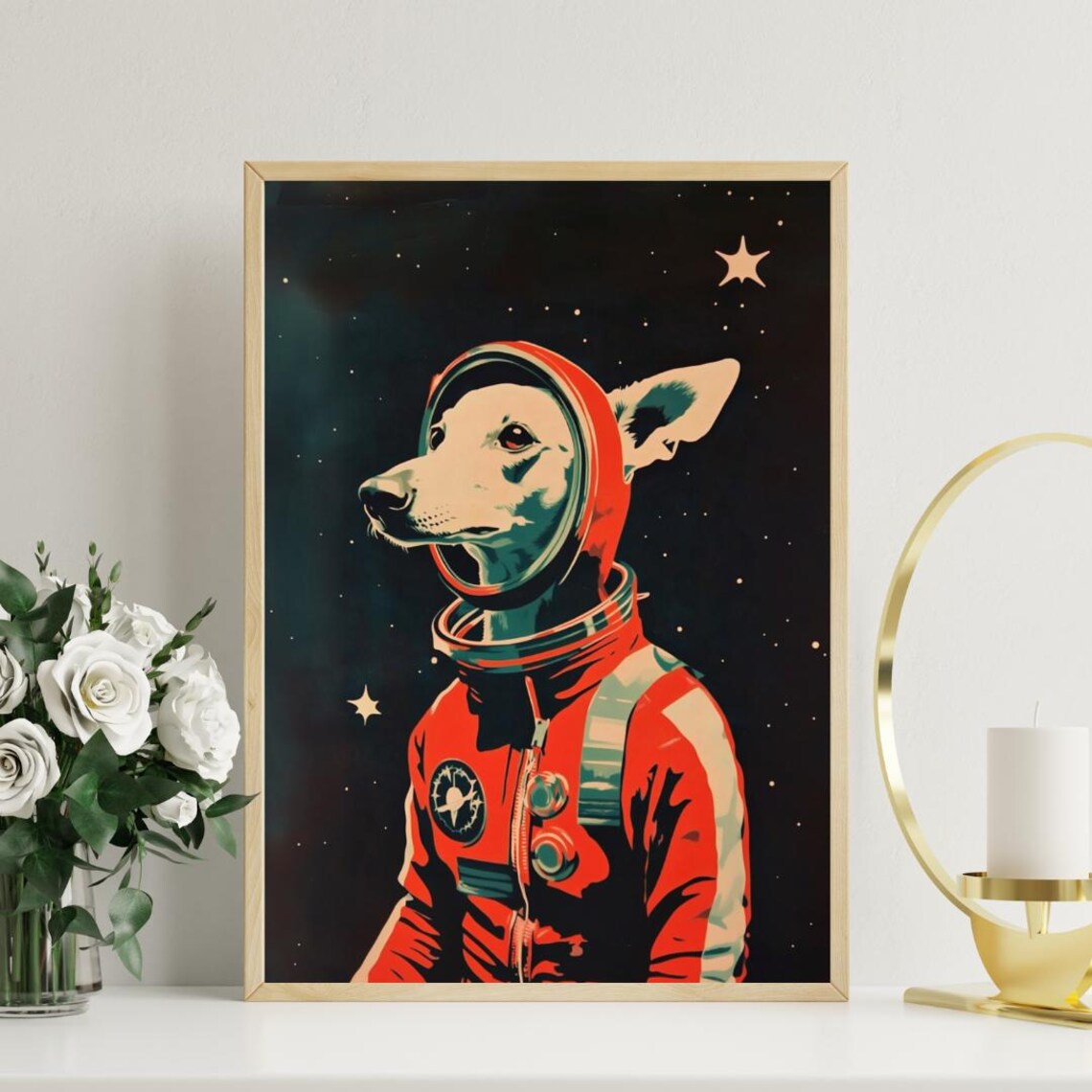 Slim Dog Astronaut Vintage Retro Starry Space Portrait Art Poster - Image 3