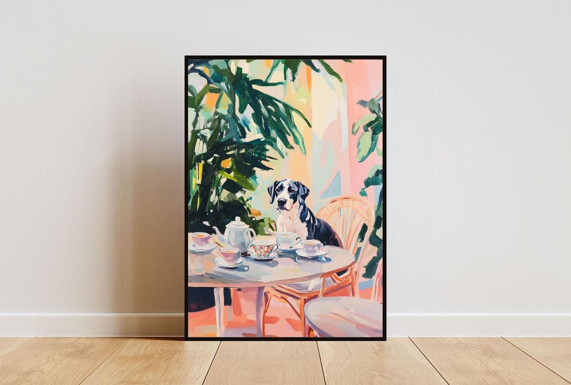 Great Dane Dog Garden Tea Party Pastel Oil Painting Style Poster