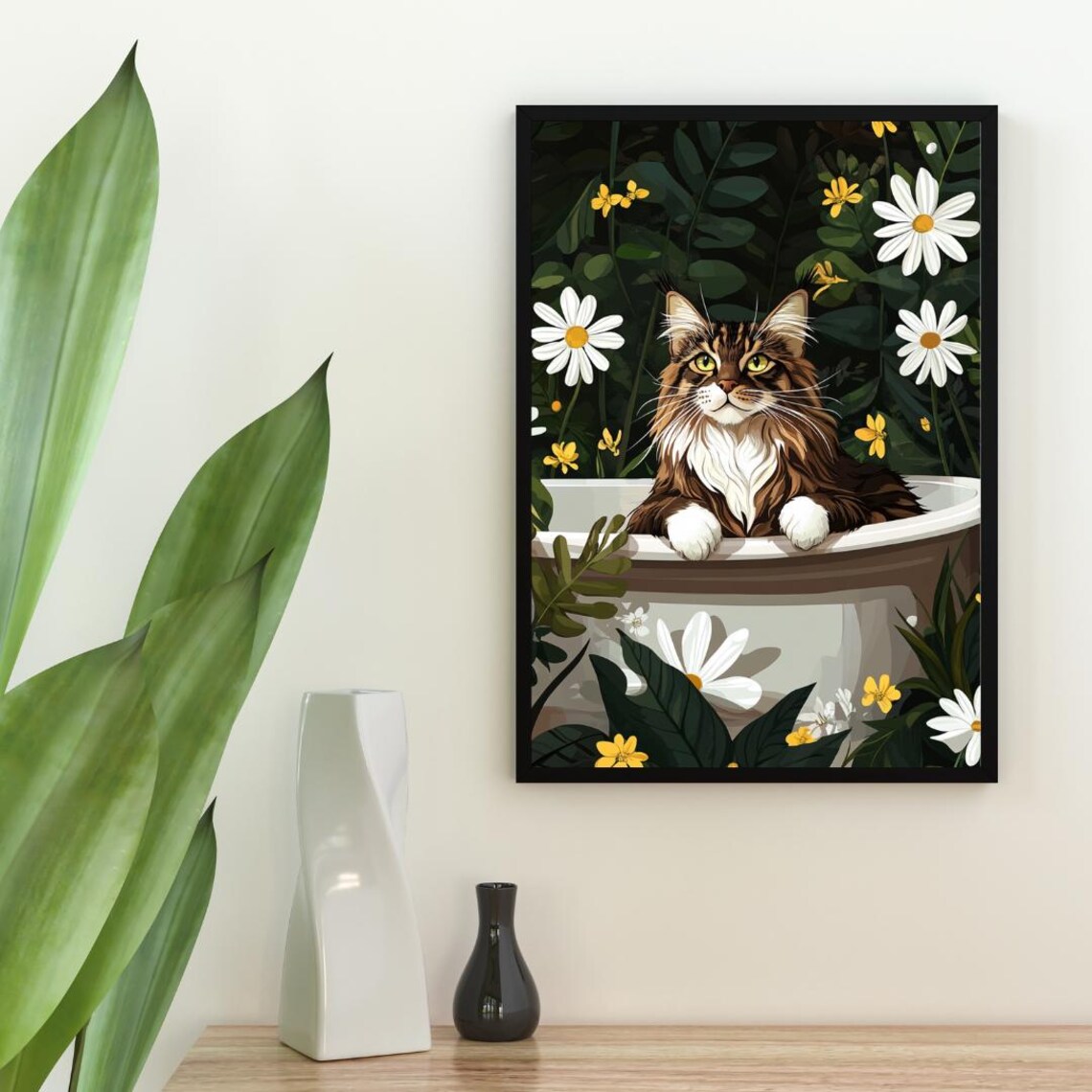 Maine Coon Cat in Bathtub Botanical Bathroom Poster Funny Giant Decor - Image 2