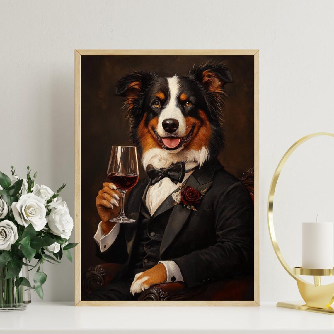 Australian Shepherd Tuxedo Dog Portrait Poster Wine Glass Dapper Decor - Image 3