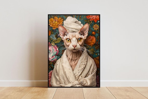 Adorable Hairless Cat in White Bathrobe Spa Day Bathroom Poster