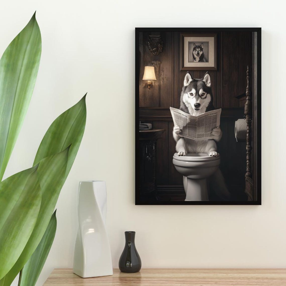 Husky on Toilet Dog Bathroom Art Print - Image 2