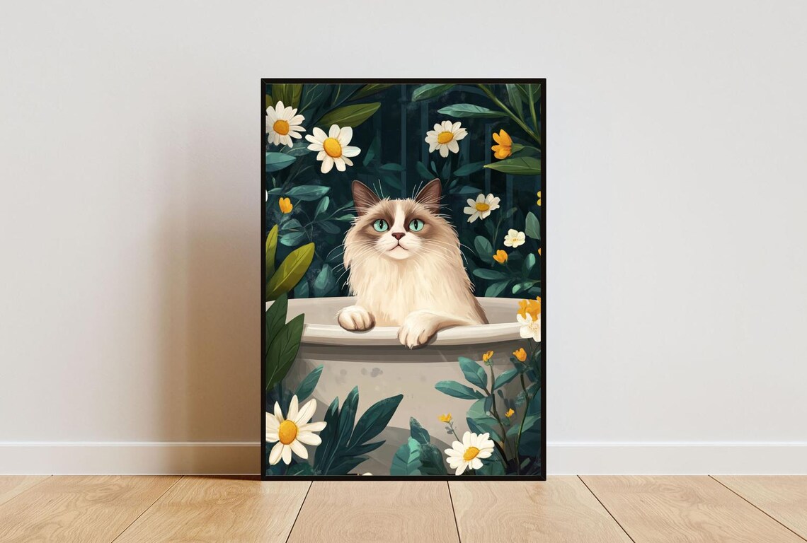 Ragdoll Cat in Bathtub Botanical Bathroom Poster Funny Daisy Room Decor
