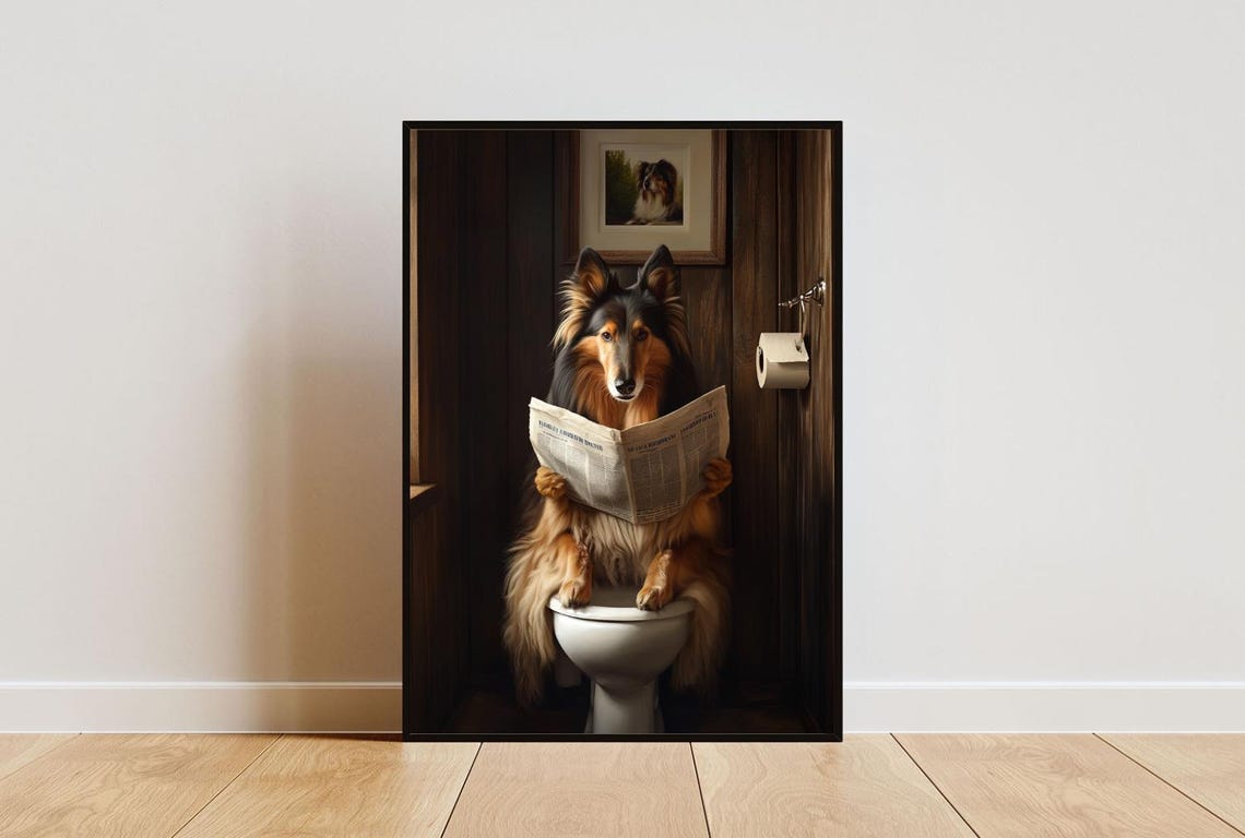 Collie On Toilet Poster Dog Poster Collie Bathroom Print Dog Toilet Wall Art Collie Portrait Dog Bathroom Poster Collie Print