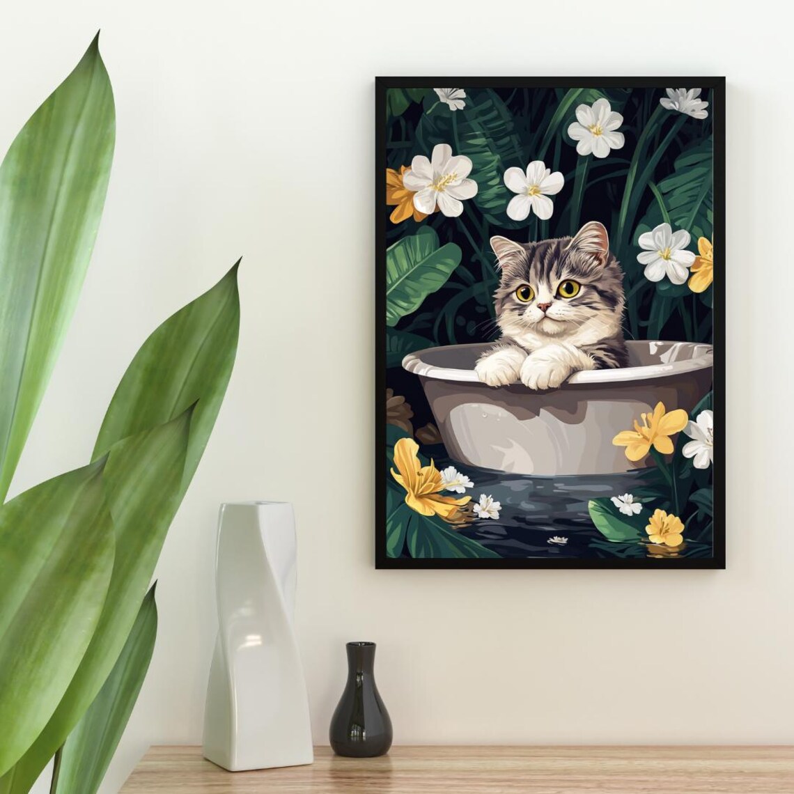 Exotic Shorthair Kitten in Bathtub Botanical Bathroom Funny Decor Poster - Image 2