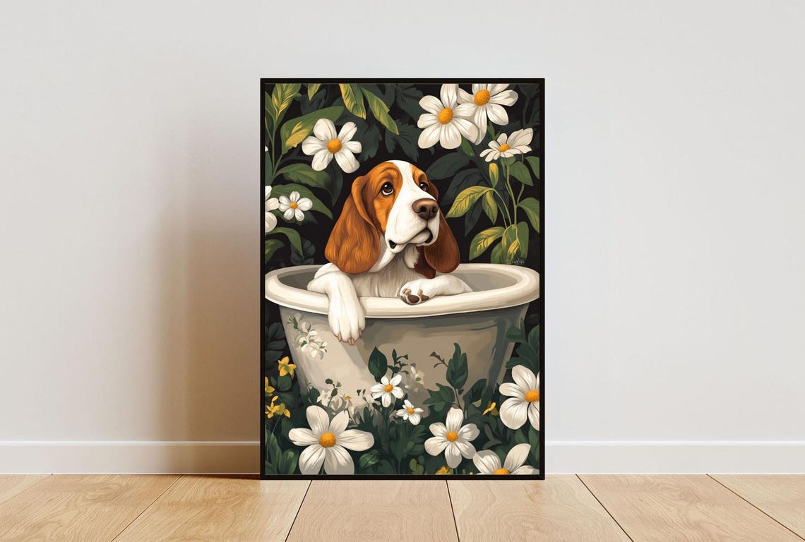 Basset Hound In Bathtub Poster Funny Dog Poster Basset Hound Bathroom Print Basset Hound Bath Poster Pet Poster Dog Bathroom Wall Art